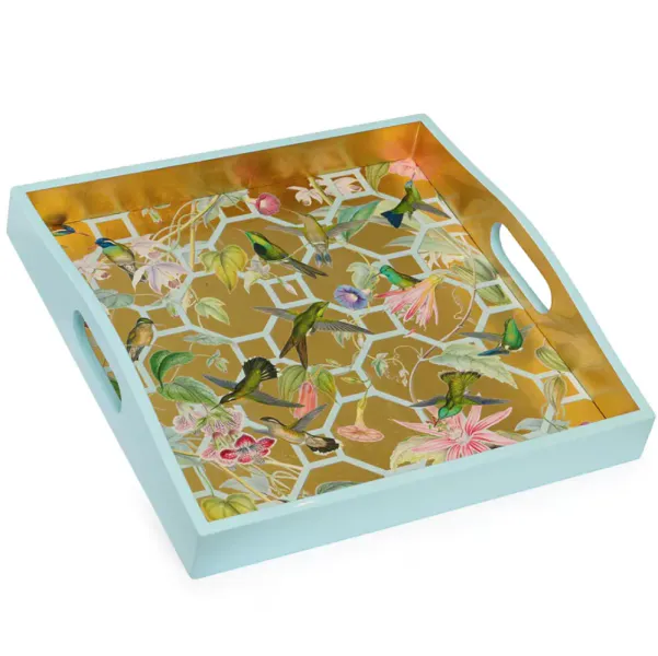 Gold Hummingbird Trellis Lacquered Square Tray